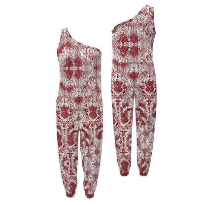 Red and white patterned one-shoulder jumpsuit on a white background