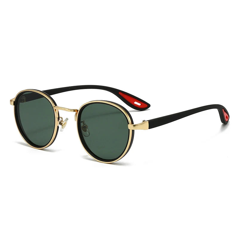 Classic round sunglasses with gold frames and dark green tinted lenses