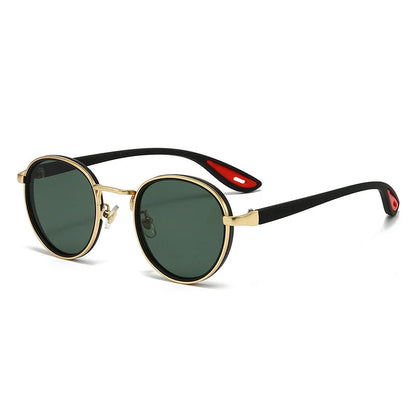 Classic round sunglasses with gold frames and dark green tinted lenses