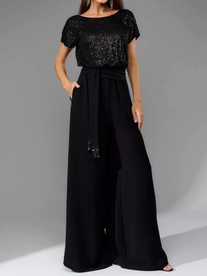 Glittering Sequin Tie Waist Jumpsuit