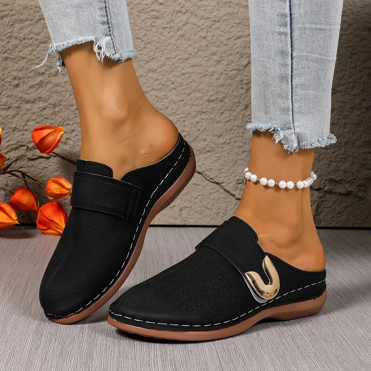 Quilted Buckle Wedge Mule Sandals