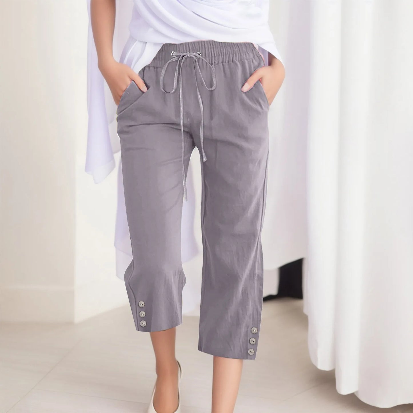 Cotton Linen Capri Pants For Women