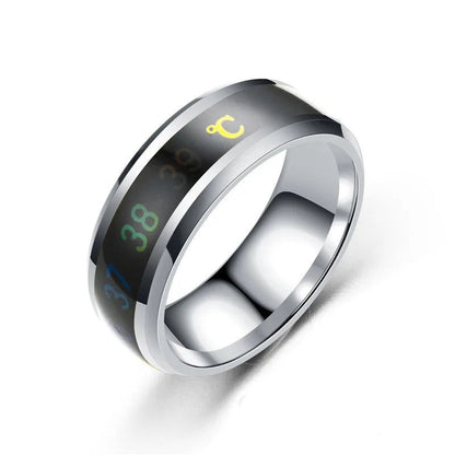 Digital temperature display ring with silver band on a white background