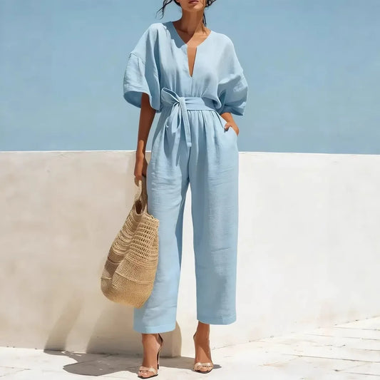 Boho Wide Leg Belted Jumpsuit with Pockets