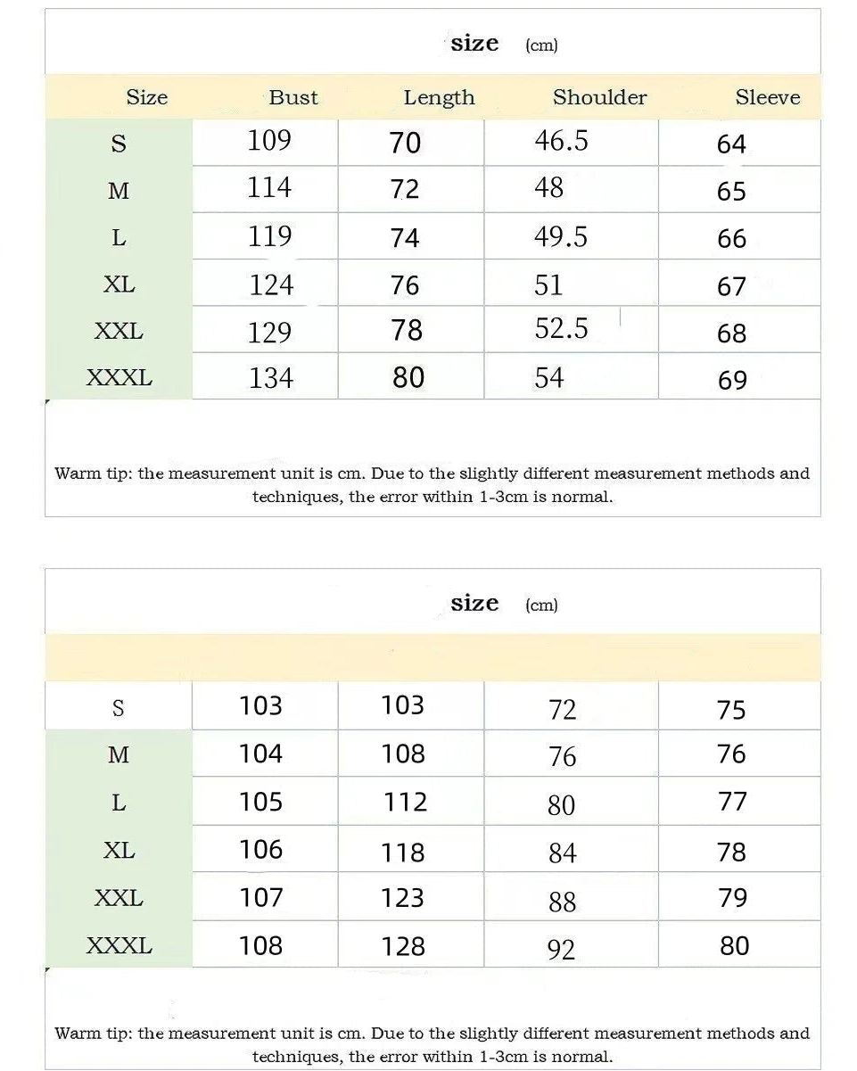 Measurement chart for clothing sizes in centimeters