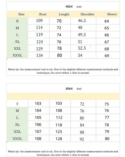 Measurement chart for clothing sizes in centimeters