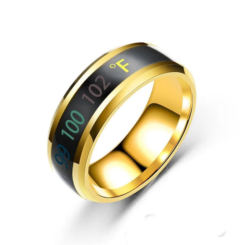 Gold ring with digital temperature display on a white background