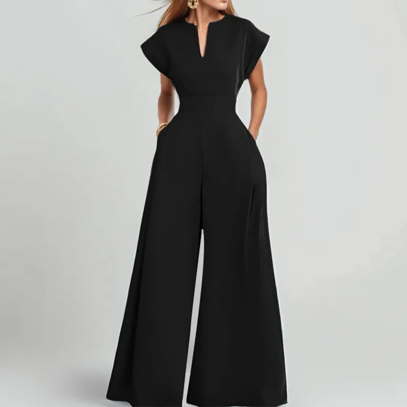 Women's V-Neck Short Sleeve High Waist Wide Leg Jumpsuit