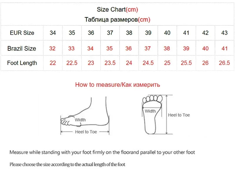 Size chart for shoes with EUR, Brazil, and foot length measurements on a white background.