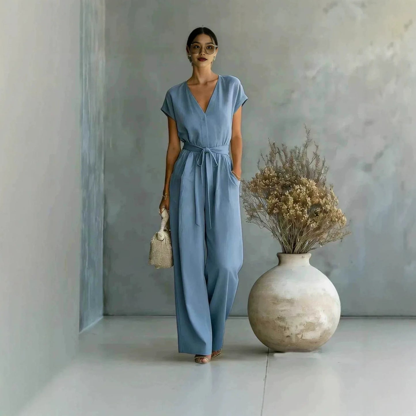 Women's High-Waist Wide-Leg Linen Jumpsuit