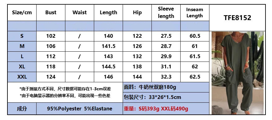 Product specification table for a jumpsuit with measurements and details, accompanied by an image of the jumpsuit.