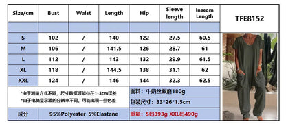 Product specification table for a jumpsuit with measurements and details, accompanied by an image of the jumpsuit.