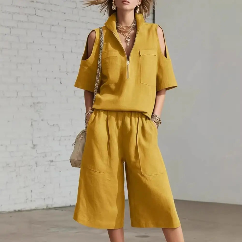 Cold Shoulder Zip Two-Piece Linen Set