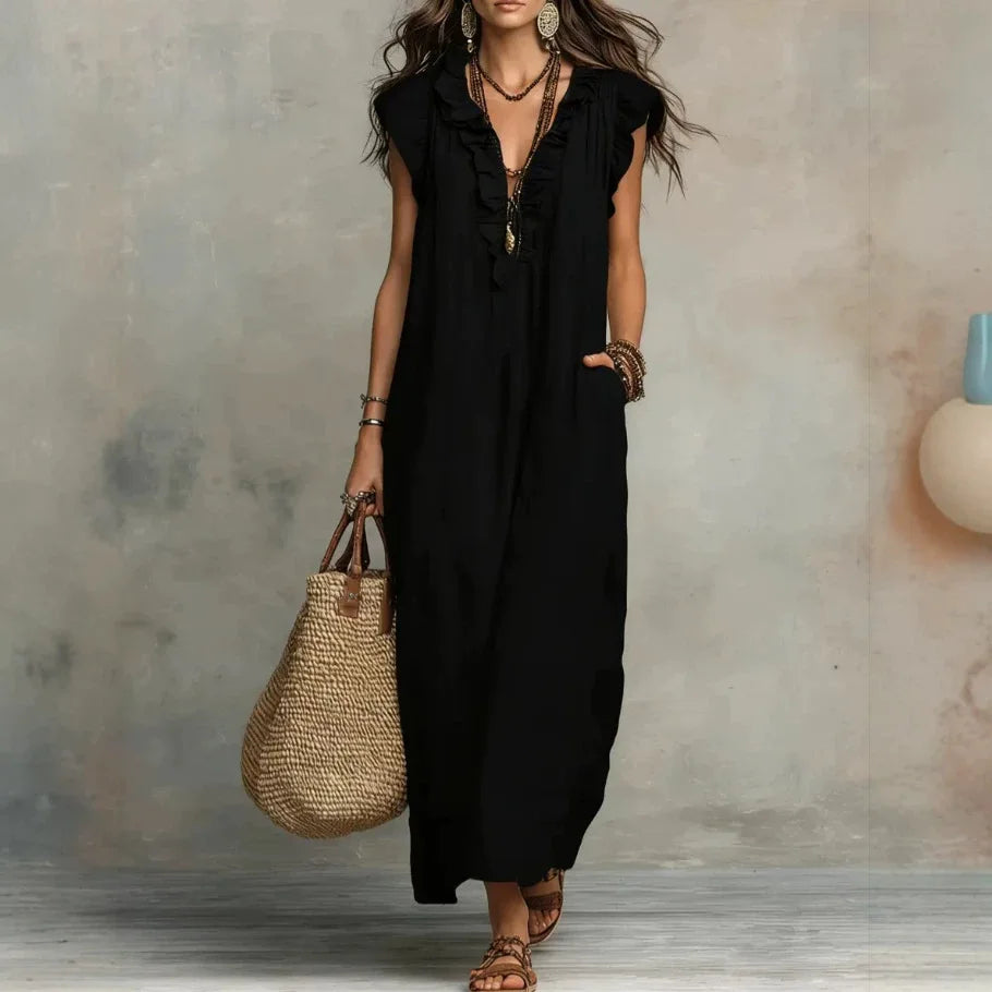 Amara Ruffle V-Neck Maxi Dress