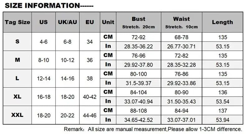 Size chart for clothing with measurements in centimeters and inches.
