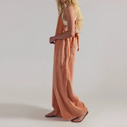 Wide-Leg Denim Overall Jumpsuit