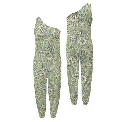 Green paisley patterned one-shoulder jumpsuit on a white background.