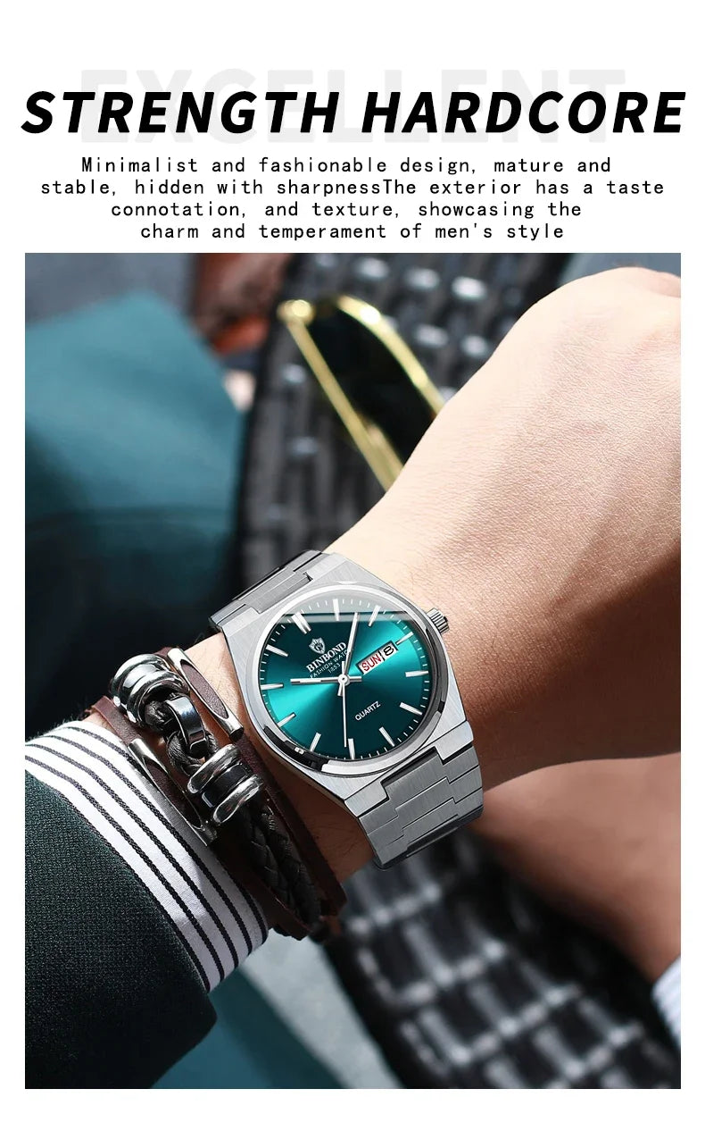 Wristwatch with a blue face and silver case on a person's wrist, with text about the watch's design.