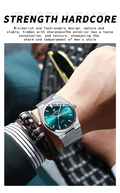 Wristwatch with a blue face and silver case on a person's wrist, with text about the watch's design.