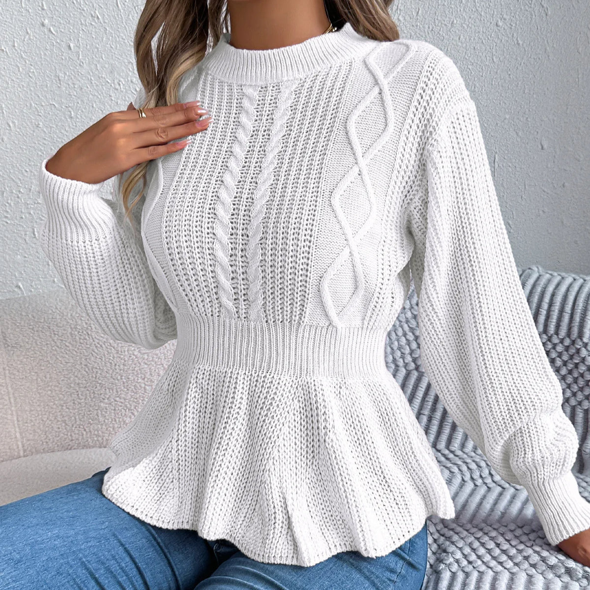 Chic Peplum Cable Knit Pullover Sweater