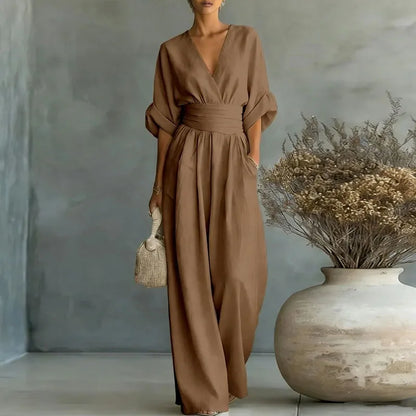 Deep V Wrap Wide Leg Jumpsuit