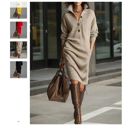 Classic Ribbed Knit Polo Midi Dress