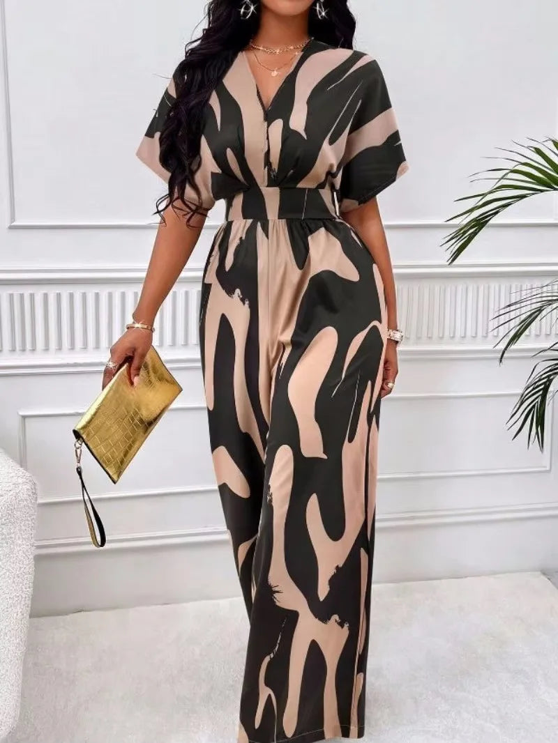 Elegant Printed Batwing Sleeve Jumpsuit