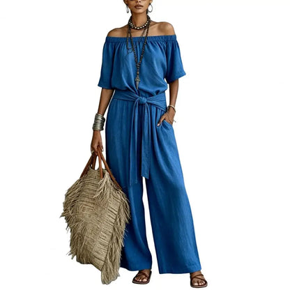 Off Shoulder Tie Waist Jumpsuit