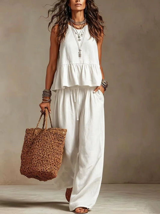 Women's Boho Linen Wide Leg Pant Set