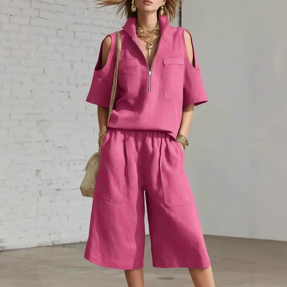 Cold Shoulder Zip Two-Piece Linen Set