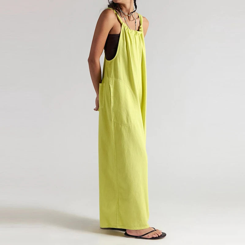 Wide-Leg Denim Overall Jumpsuit