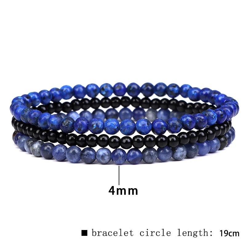 Three beaded stretch bracelets in blue, black, and blue-gray stone beads, shown on a white background with a 4mm diameter measurement label and a note stating bracelet circle length is 19cm.