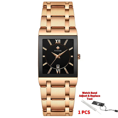 Rose gold watch with black face on a white background, featuring WWOOR branding.