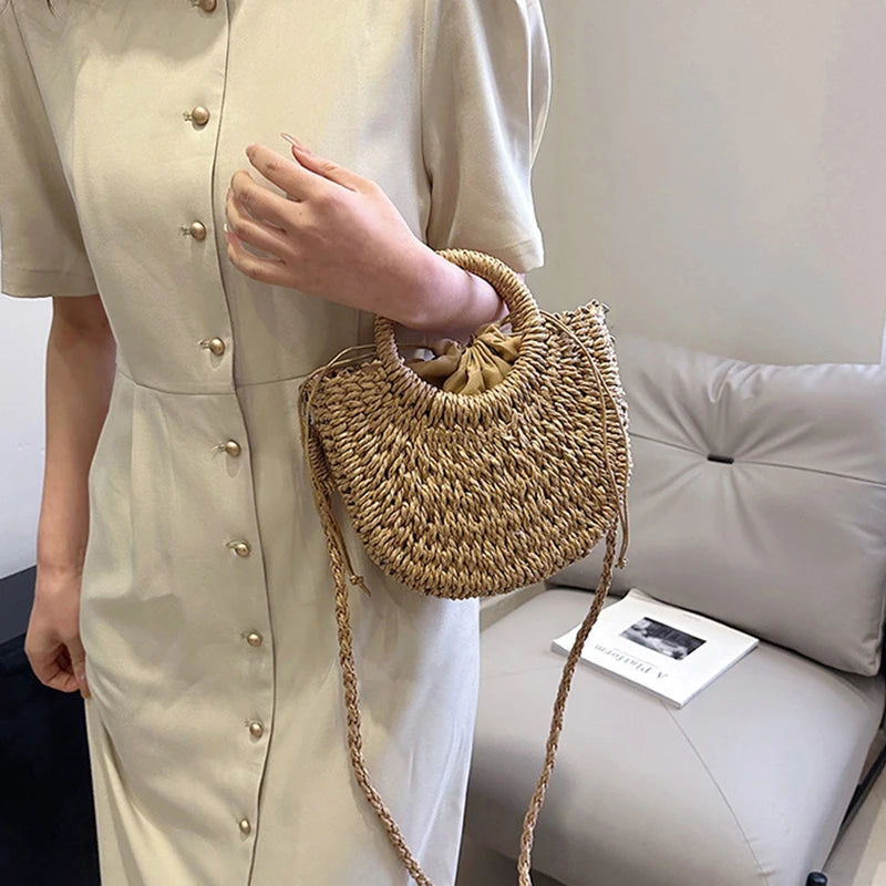 Handwoven Straw Half-Moon Bag