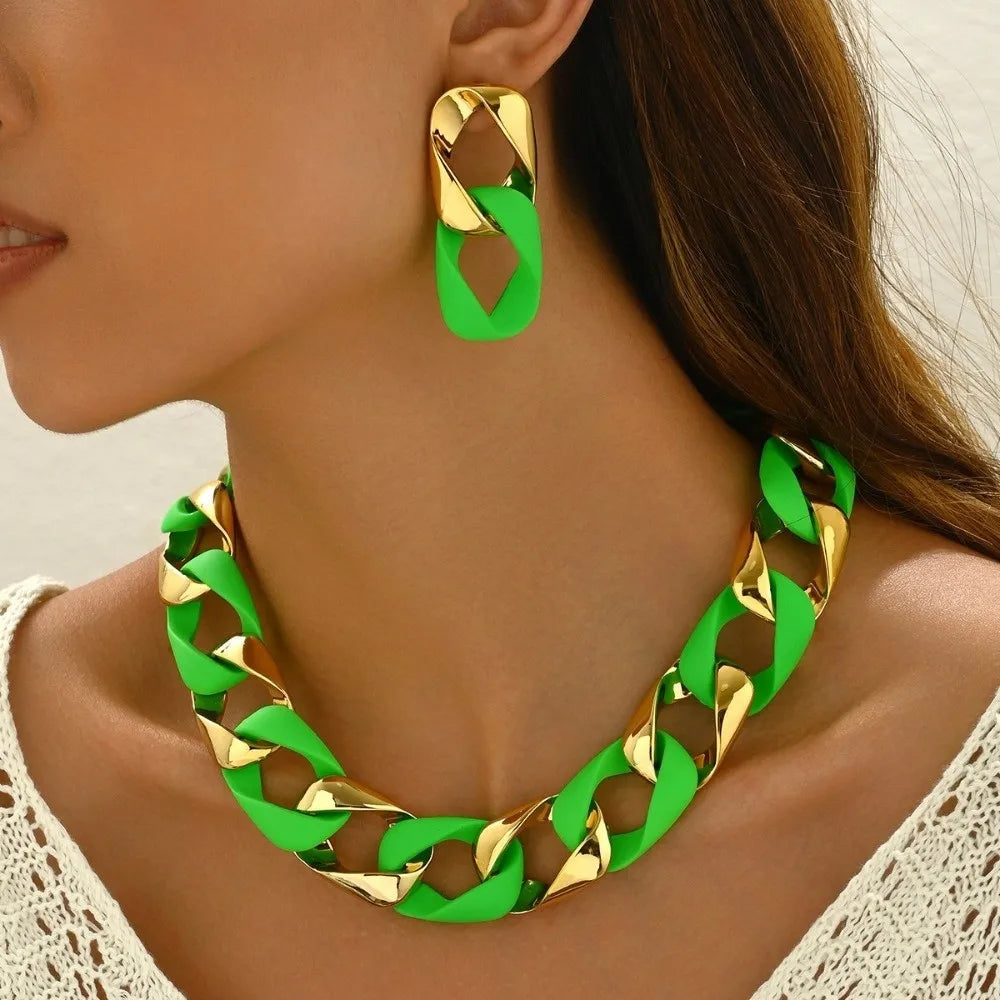 Chunky Dual-Texture Interlocking Link Chain Necklace & Earring Set