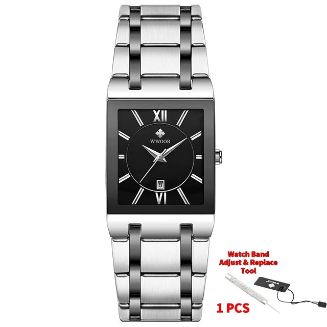 Silver wristwatch with black dial on a white background.