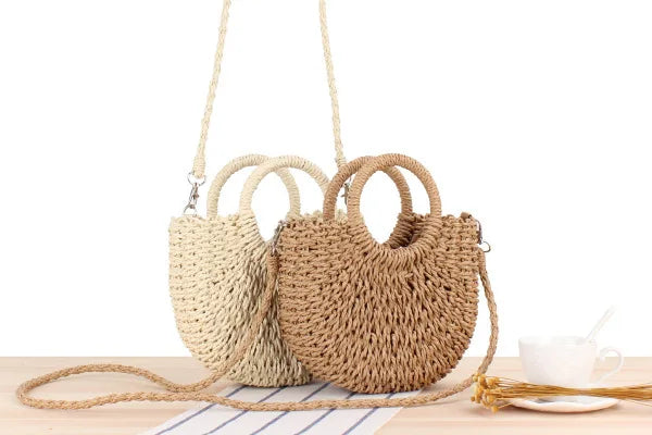 Handwoven Straw Half-Moon Bag