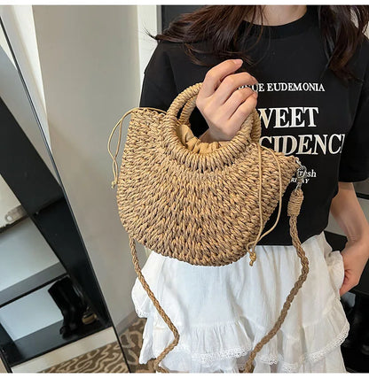 Handwoven Straw Half-Moon Bag