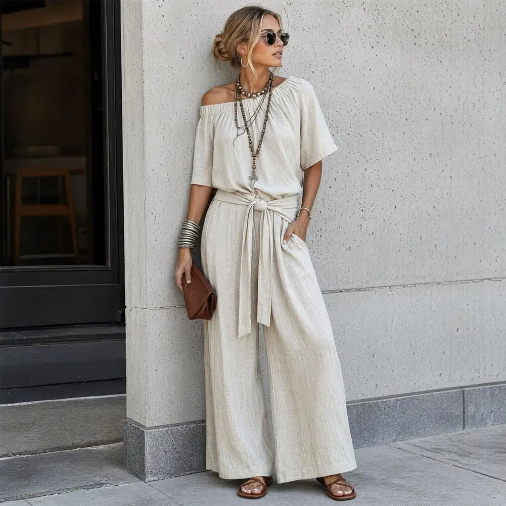 Off Shoulder Tie Waist Jumpsuit