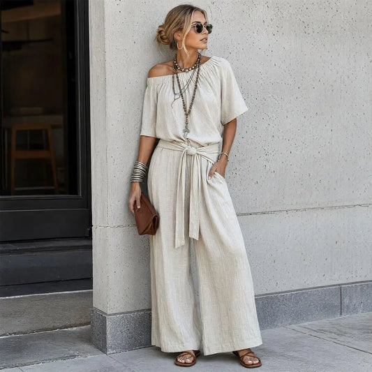 Off Shoulder Tie Waist Jumpsuit