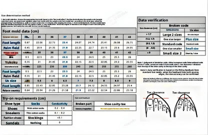 Technical data sheet for foot mold measurements and shoe size conversion