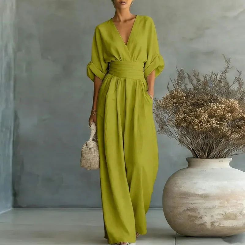 Deep V Wrap Wide Leg Jumpsuit