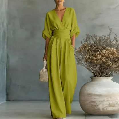 Deep V Wrap Wide Leg Jumpsuit