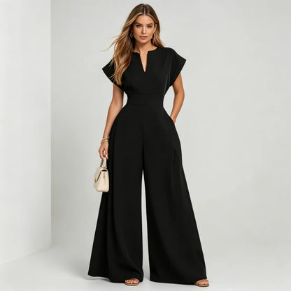 Women's V-Neck Short Sleeve High Waist Wide Leg Jumpsuit