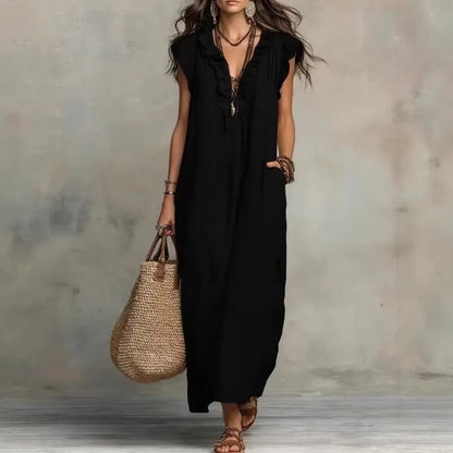 Amara Ruffle V-Neck Maxi Dress