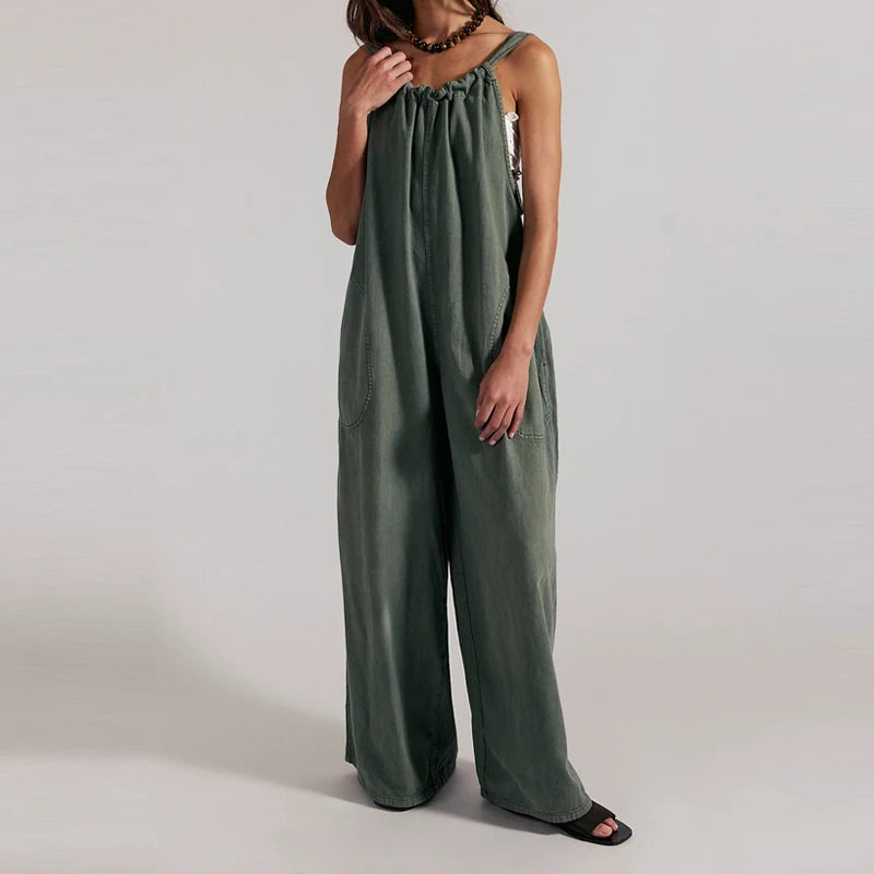 Wide-Leg Denim Overall Jumpsuit