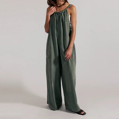Wide-Leg Denim Overall Jumpsuit