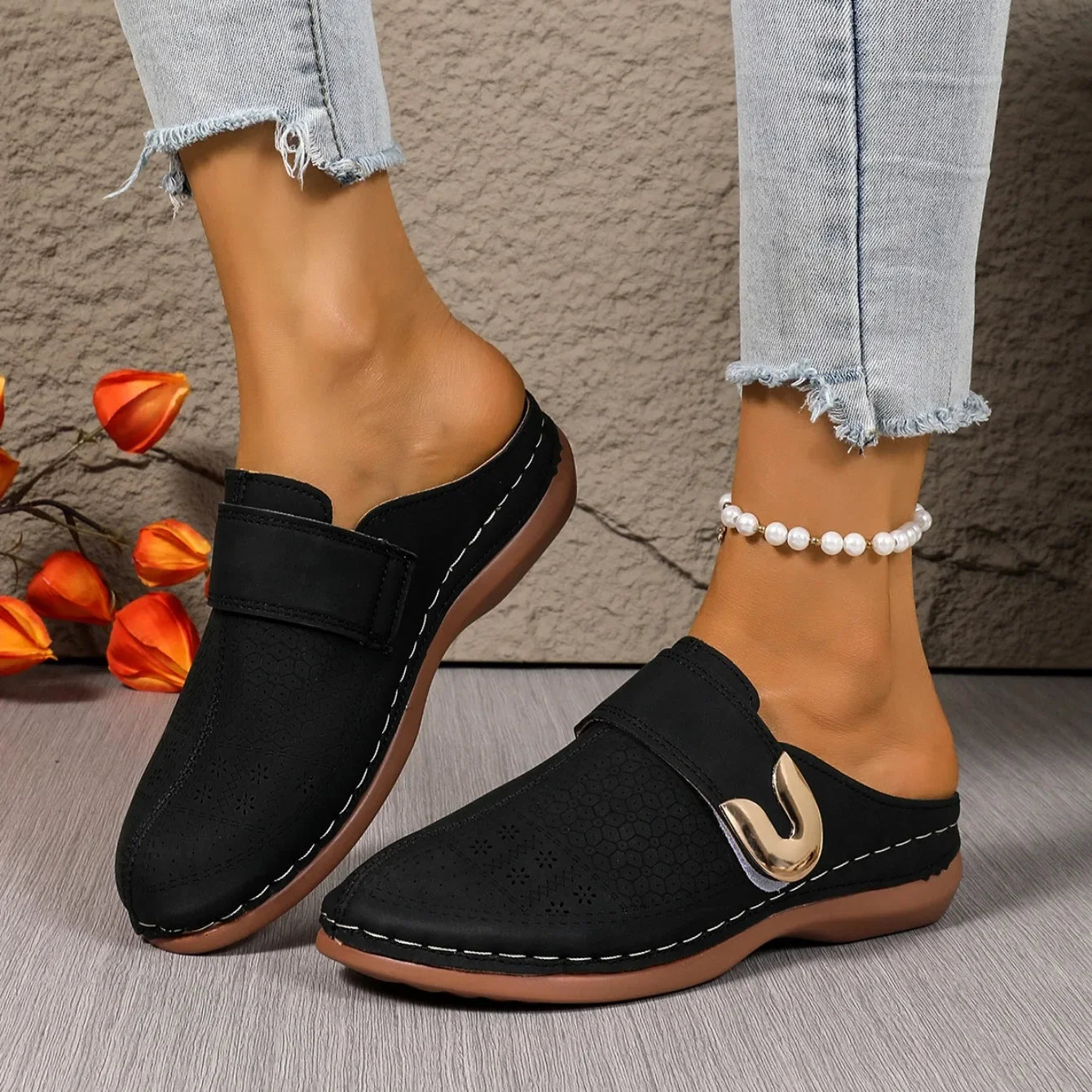 Quilted Buckle Wedge Mule Sandals