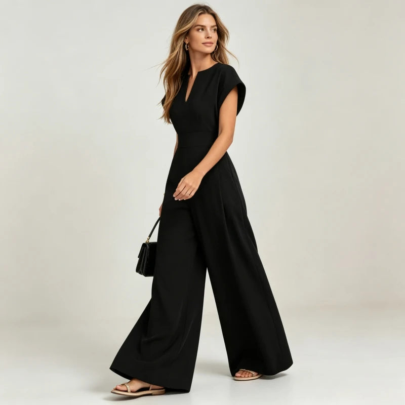 Women's V-Neck Short Sleeve High Waist Wide Leg Jumpsuit