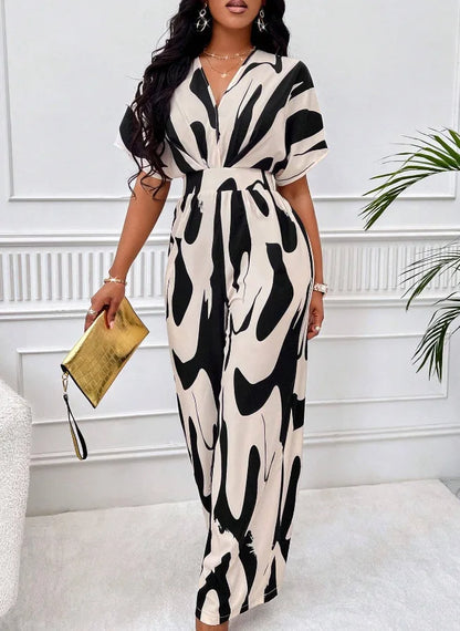 Elegant Printed Batwing Sleeve Jumpsuit